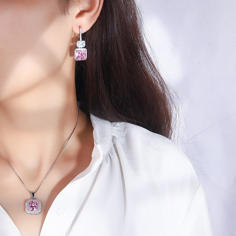 DEM19 Pink color Cz Pendant Earring Necklace Female Color Treasure Set Main Stone 10*10