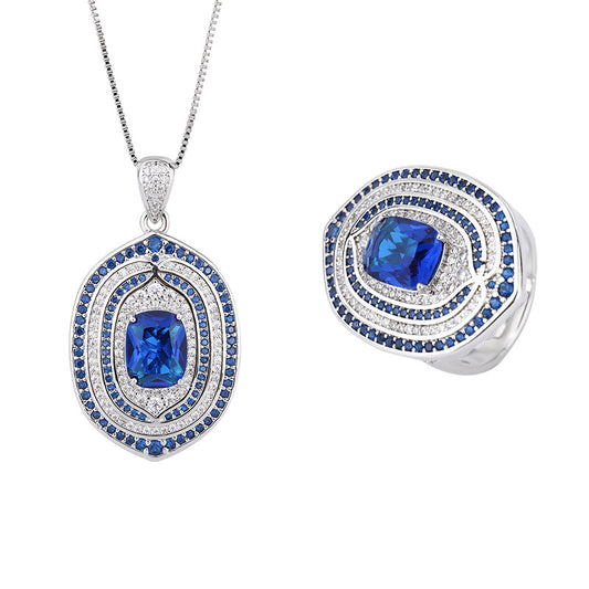 2022 New Popular retro style ring sapphire two-color stone CZ pendant ring and earring set master for woman jeewlry 8*10