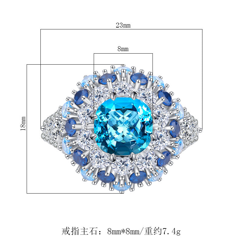 2022 New arrive S925 silver color  aquamarine stamen texture luxury ring main stone 8*8 mm