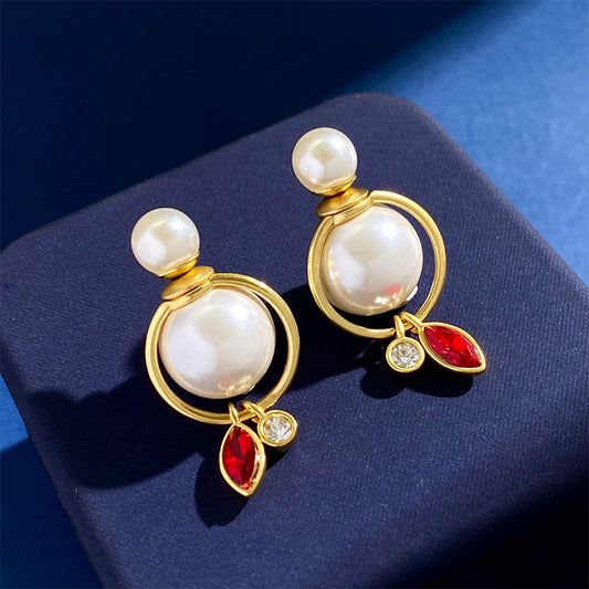 Hot Large and small pearl front and rear hanging earrings Korean temperament hollow ring hanging smart horse eye drill earrings