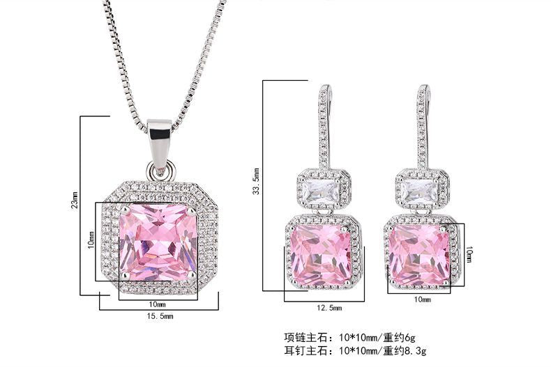 DEM19 Pink color Cz Pendant Earring Necklace Female Color Treasure Set Main Stone 10*10