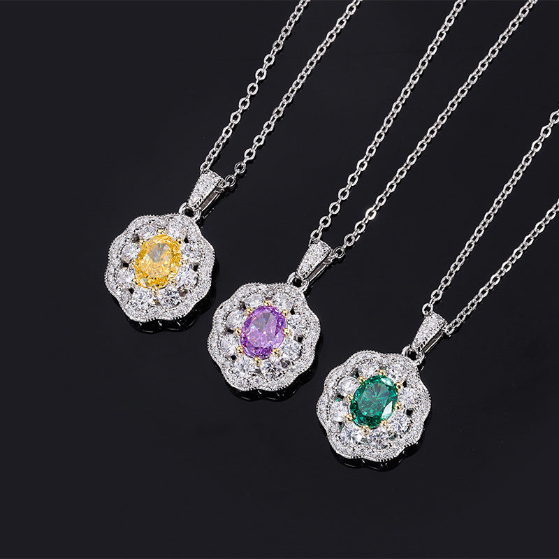 DEM79 S925 Body Silver High Carbon CZ 6*8 Summer Temperament Women's Light Luxury Flower Pendant Necklace