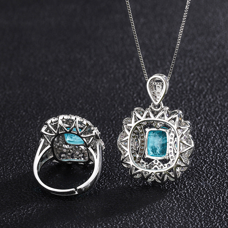 LEM78 Hot new arrive blue color Ring and Necklace Jewelry Set Creative Model Full CZ Inlaid Master 8*10