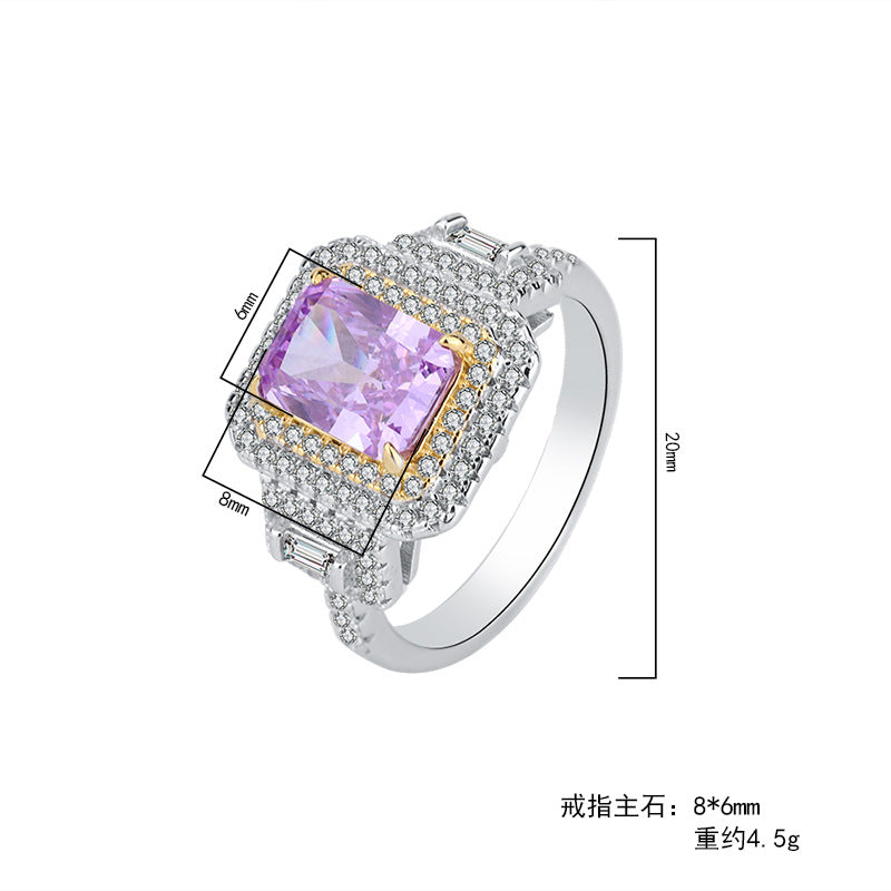 Hot Selling S925 Silver Color Treasure High Carbon CZ Ring Female Radiant Cut Full Diamond Inlaid Master 6*8