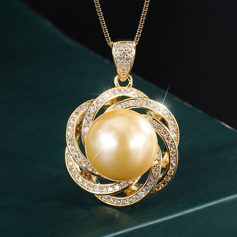 Copper plated gold new inlaid Aubel pearl lace temperament crystal inlaid pendant necklace for woman jewelry 14mm